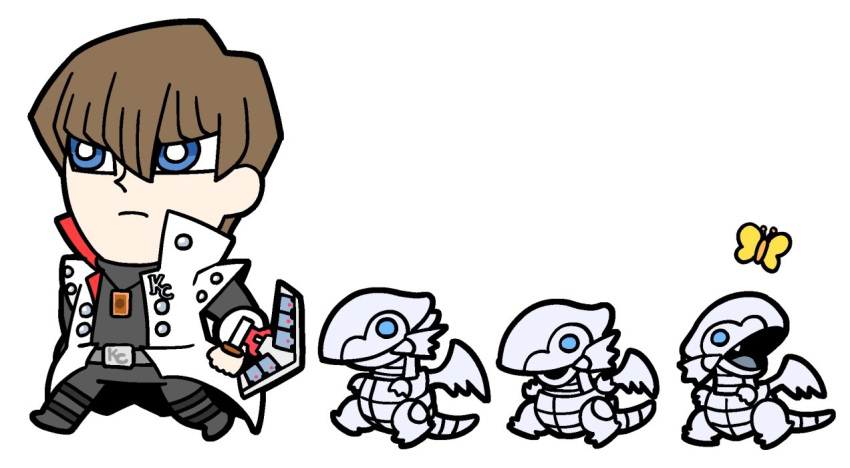 1boy belt bkub blue-eyes_white_dragon blue_eyes brown_hair bug butterfly card card_pendant chibi closed_mouth coat collared_coat dragon duel_disk insect jewelry kaiba_seto male_focus pendant shirt simple_background white_background yuu-gi-ou
