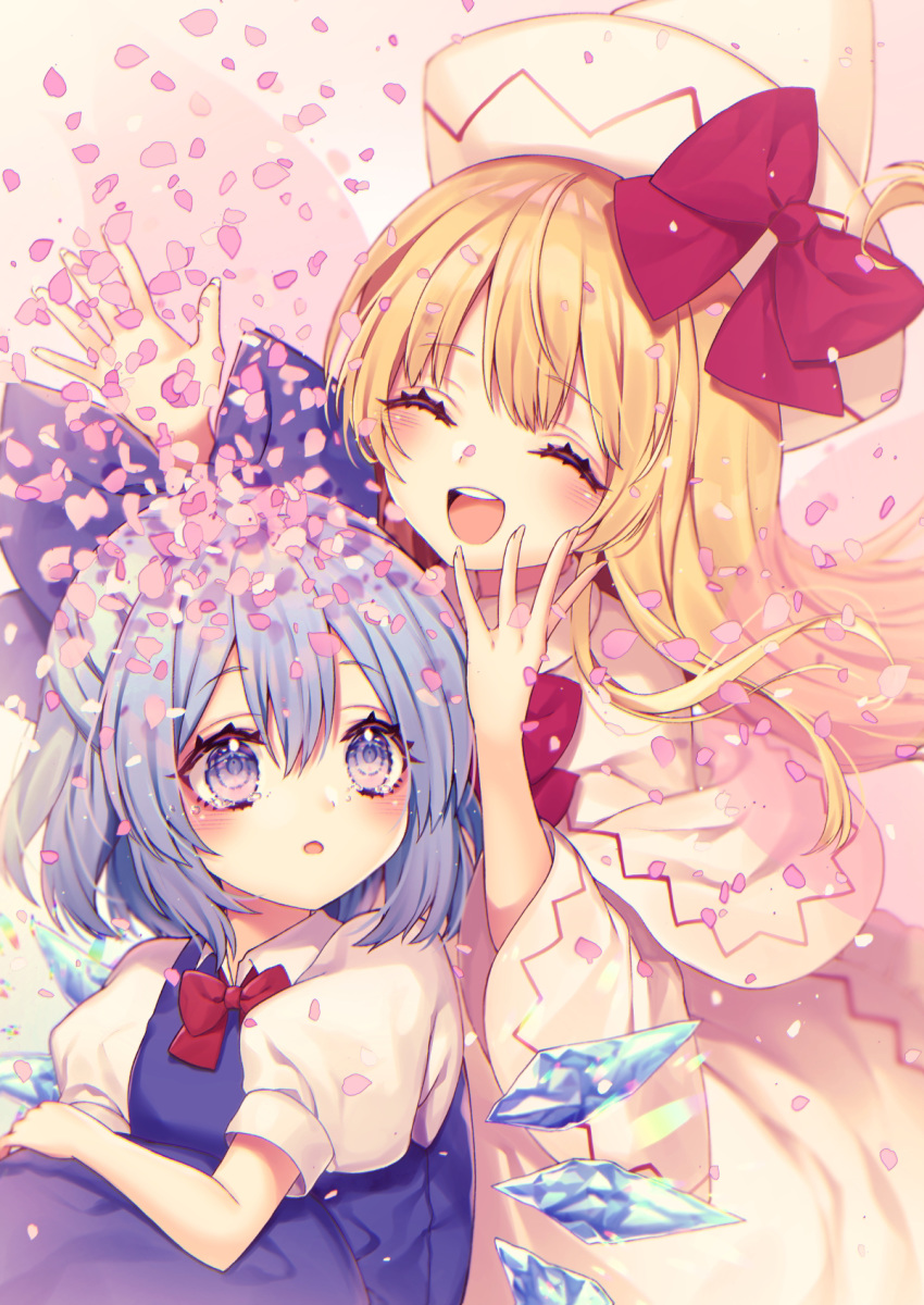 2girls blonde_hair blue_bow blue_eyes blue_hair blush bow bowtie cirno closed_eyes commentary_request hair_bow hat hat_bow highres ice ice_wings kyouda_suzuka lily_white multiple_girls open_mouth parted_lips petals puffy_short_sleeves puffy_sleeves red_bow red_neckwear short_sleeves smile tears touhou upper_teeth white_headwear wide_sleeves wings