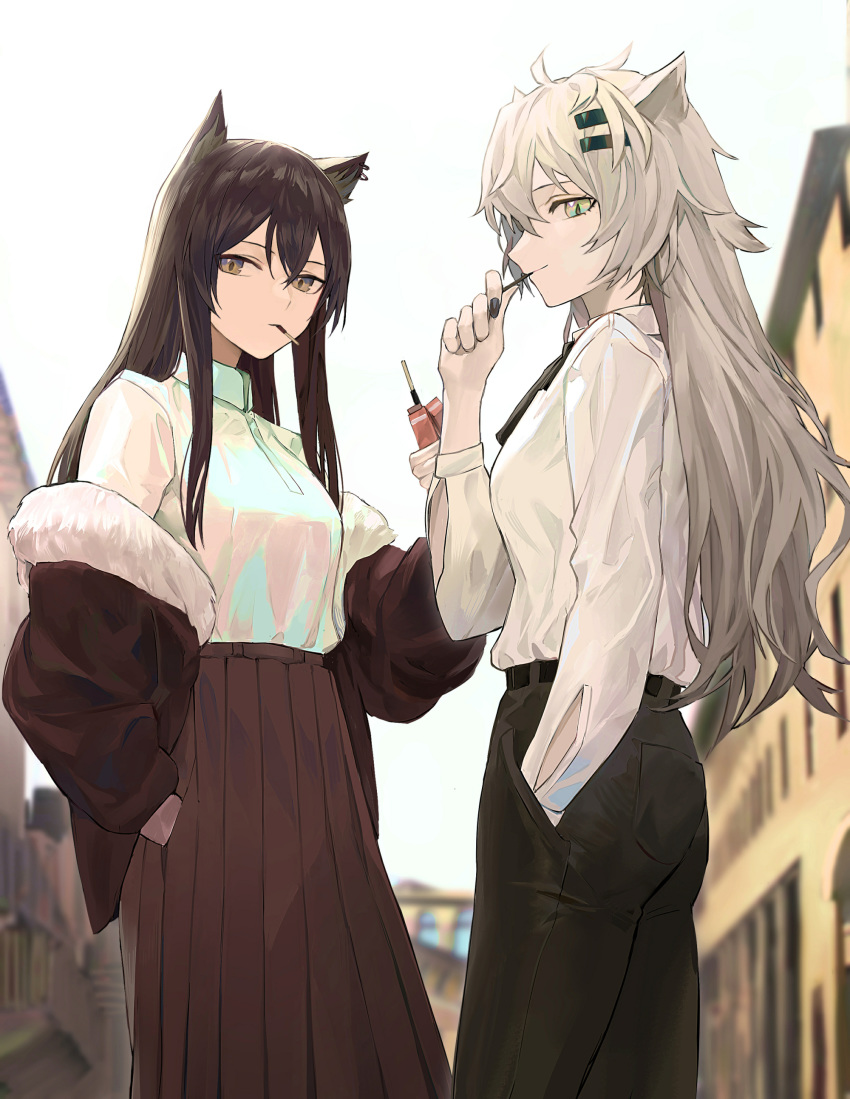 2girls absurdres alternate_costume animal_ears arknights ass belt black_hair black_nails black_neckwear black_pants blurry blurry_background breasts brown_jacket brown_skirt casual closed_mouth collared_shirt commentary cowboy_shot day dress_shirt earrings eating food from_side fur-trimmed_jacket fur_trim hair_between_eyes hair_ornament hairclip hand_in_pocket highres jacket jewelry koio lappland_(arknights) long_hair long_skirt long_sleeves looking_at_viewer medium_breasts messy_hair mouth_hold multiple_girls nail_polish off_shoulder outdoors pants pleated_skirt pocky profile shirt sidelocks silver_hair skirt smile straight_hair texas_(arknights) white_shirt wolf_ears yellow_eyes