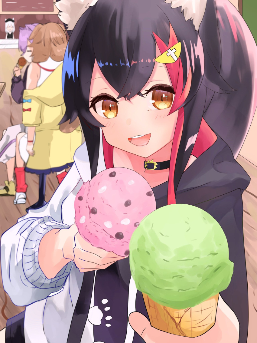 4girls :d animal_ear_fluff animal_ears black_hair brown_hair cat_ears choker dog_ears eating food fox_ears highres hitachi_sou hololive hood hood_down hoodie ice_cream ice_cream_cone inugami_korone long_hair long_sleeves looking_at_viewer multicolored_hair multiple_girls nekomata_okayu ookami_mio open_mouth orange_eyes paw_print ponytail pov purple_hair redhead shirakami_fubuki shorts sitting smile solo_focus stool streaked_hair virtual_youtuber white_hair wolf_ears