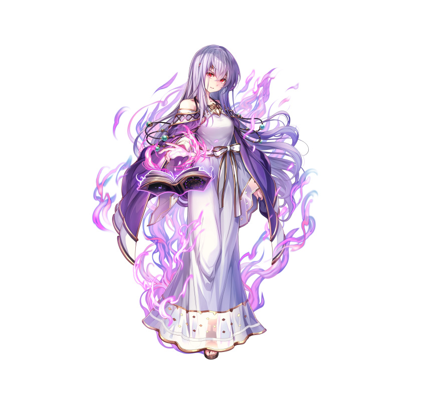 1girl absurdres aura bangs bare_shoulders book breasts cape chachie circlet dark_aura dark_persona dress fire_emblem fire_emblem:_genealogy_of_the_holy_war fire_emblem_heroes floating floating_object full_body hair_ornament highres holding holding_book jewelry julia_(fire_emblem) long_dress long_hair long_sleeves looking_at_viewer medium_breasts official_art open_book open_toe_shoes parted_lips purple_cape purple_hair red_eyes sandals see-through shiny shiny_hair simple_background solo standing violet_eyes white_background wide_sleeves
