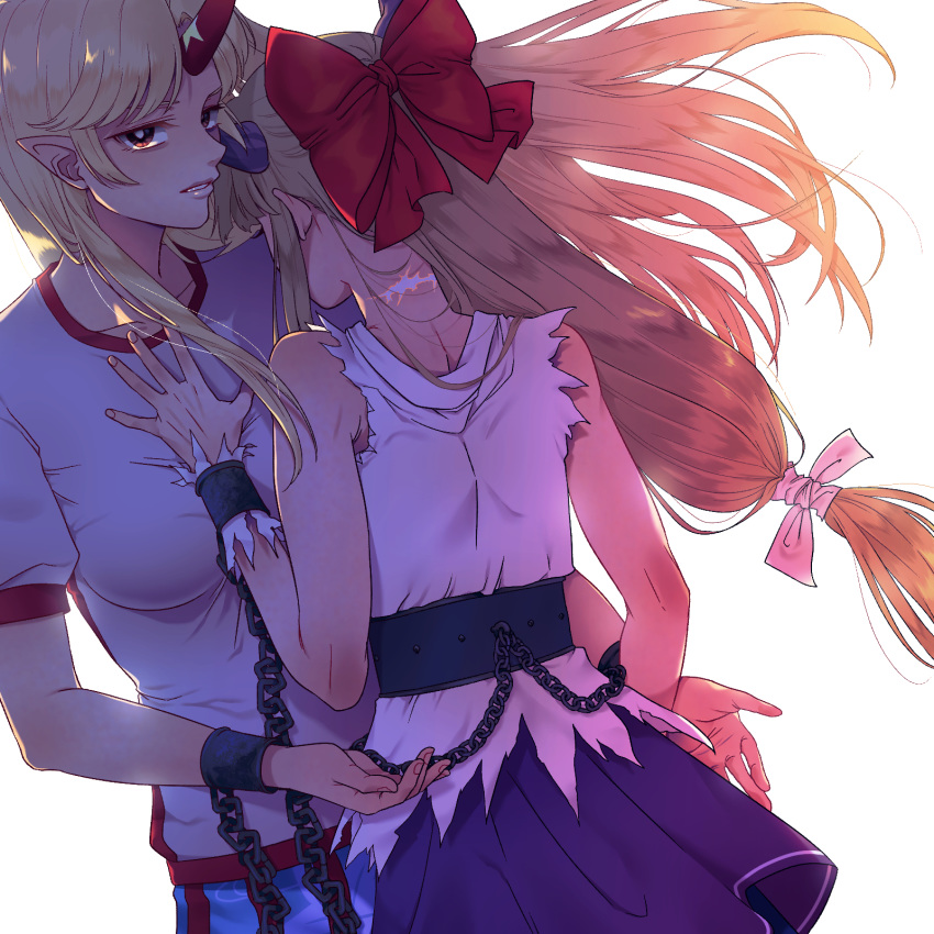 2girls arms_up belt blonde_hair blue_skirt bow breasts bright_pupils chain commentary cuffs dutch_angle floating_hair from_behind hair_bow hand_on_another's_chest highres horn horns hoshiguma_yuugi ibuki_suika large_breasts long_hair looking_at_viewer low-tied_long_hair mito_(mo96g) multiple_girls parted_lips pointy_ears red_eyes scar shackles shirt short_sleeves sidelocks simple_background skirt sleeveless sleeveless_shirt standing star torn_clothes torn_shirt touhou very_long_hair white_background white_pupils white_shirt yuri