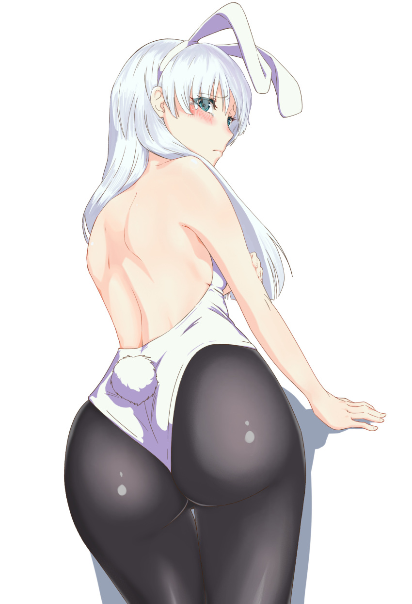 absurdres anastasia_(fate/grand_order) animal_ears artist_request ass back black_legwear blue_eyes blush bunny_tail bunnysuit commentary_request fate/grand_order fate_(series) from_behind hair_over_one_eye highres long_hair looking_at_viewer pantyhose rabbit_ears silver_hair simple_background tail white_background