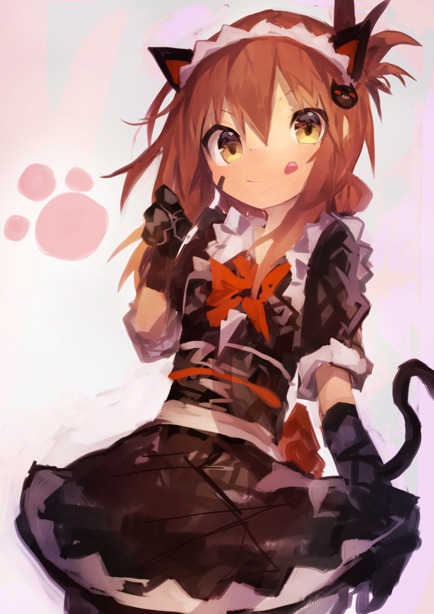 1girl absurdres alternate_costume animal_ears bangs brown_hair cat_ears cat_tail commentary enmaided folded_ponytail gloves hair_between_eyes hair_ornament highres inazuma_(kantai_collection) kaamin_(mariarose753) kantai_collection looking_at_viewer maid maid_dress maid_headdress paw_pose sidelocks smile solo tail tongue tongue_out yellow_eyes