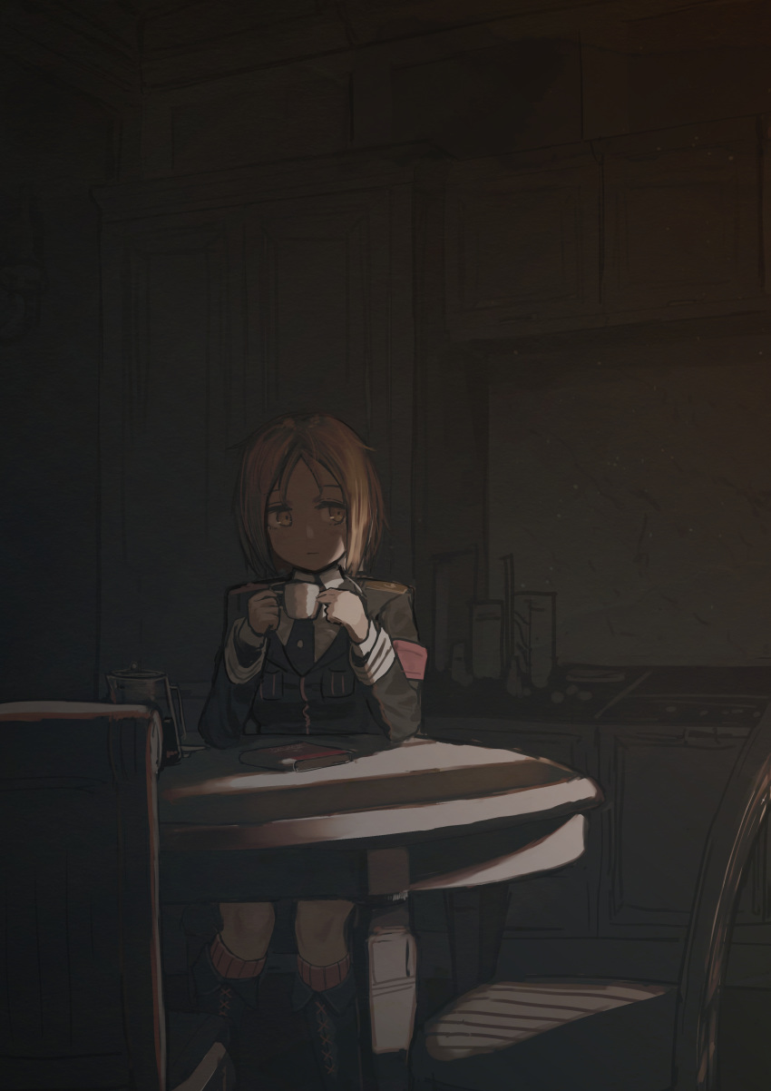 1girl absurdres akitaka_takaaki armband bangs blonde_hair blush boots breast_pocket chair closed_mouth cup girls_frontline highres holding holding_cup indoors kitchen long_sleeves military military_uniform mp40_(girls_frontline) necktie no_hat no_headwear pocket sitting solo table uniform