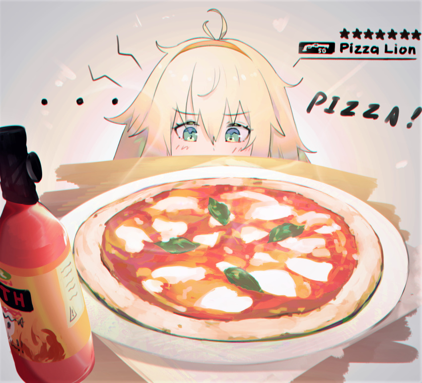 ... 1girl ahoge amirun blonde_hair chromatic_aberration english_text food girls_frontline green_eyes hairband highres hot_sauce messy_hair orange_hairband peeking pizza s.a.t.8_(girls_frontline) solo