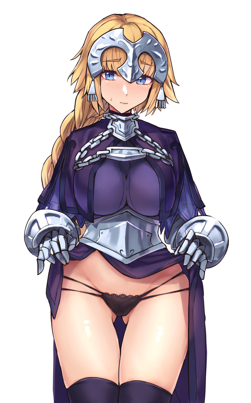 1girl armor armored_dress ass_visible_through_thighs bangs black_panties blonde_hair blue_eyes blush braid breasts chain collar dress dress_lift fate/apocrypha fate_(series) gauntlets gyukaku400 headpiece highres jeanne_d'arc_(fate) jeanne_d'arc_(fate)_(all) large_breasts long_braid long_hair looking_at_viewer metal_collar panties plackart simple_background single_braid solo thigh-highs thigh_gap thighs underwear very_long_hair white_background