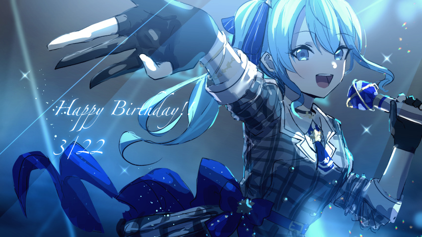 1girl :d bangs black_gloves blue_bow blue_eyes blue_hair blue_neckwear bow collared_shirt dated eyebrows_visible_through_hair gloves grey_jacket grey_skirt hair_between_eyes hair_bow happy_birthday highres holding holding_microphone hololive hoshimachi_suisei jacket kumamoto_nomii-kun long_hair long_sleeves microphone open_mouth outstretched_arm partly_fingerless_gloves plaid plaid_jacket plaid_skirt shirt side_ponytail skirt smile solo sparkle striped striped_bow very_long_hair virtual_youtuber white_shirt