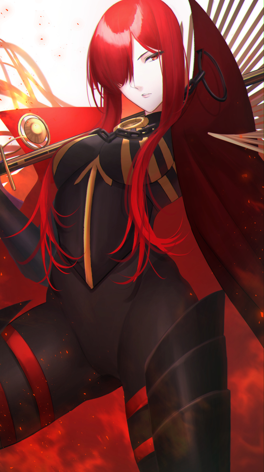 1girl absurdres armored_boots bangs black_bodysuit bodysuit boots breasts cape chain collared_cape family_crest fate/grand_order fate_(series) hair_over_one_eye highres katana koha-ace long_hair looking_at_viewer medium_breasts oda_nobunaga_(fate)_(all) oda_nobunaga_(maou_avenger)_(fate) oda_uri parted_lips popped_collar red_cape red_eyes redhead simple_background solo sword thighs weapon white_background yayoi_maka