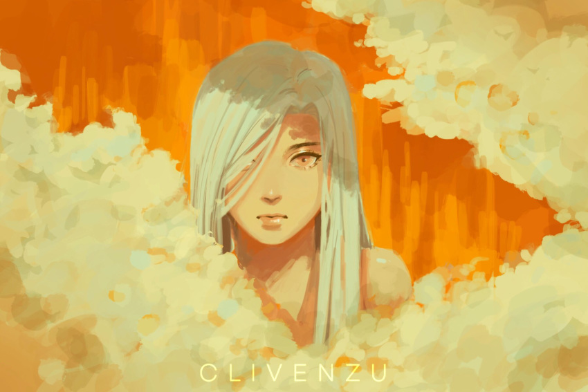 1girl artist_name bare_shoulders clivenzu closed_mouth commentary dress english_commentary expressionless hair_over_one_eye highres long_hair looking_at_viewer one_eye_covered orange_dress orange_eyes orange_theme original solo white_hair