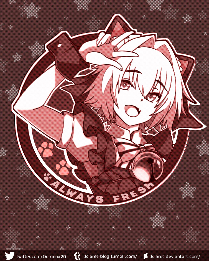 1boy absurdres animal_ears astolfo_(fate) bow braid cat_ears demonx20 deviantart_username eyebrows_visible_through_hair fang fate/apocrypha fate/grand_order fate_(series) frills hair_between_eyes hair_bow hair_intakes highres long_hair long_sleeves looking_at_viewer male_focus monochrome multicolored_hair open_mouth otoko_no_ko puffy_sleeves sidelocks skin_fang smile solo streaked_hair tumblr_username twitter_username w