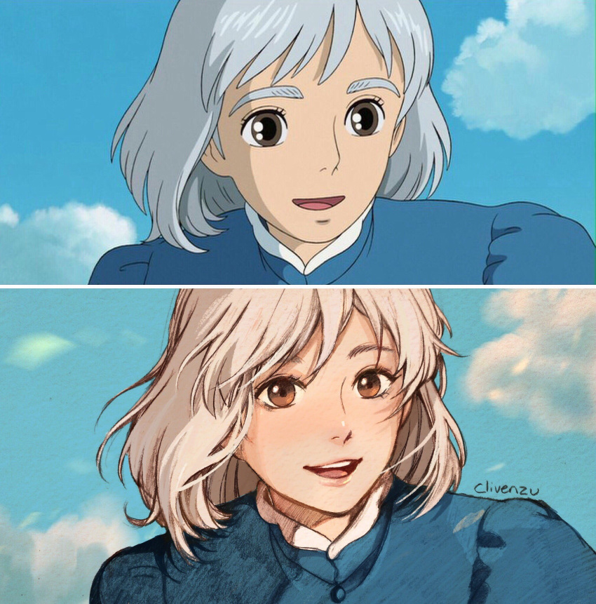 1girl :d blue_dress blue_sky brown_eyes clivenzu clouds cloudy_sky commentary derivative_work dress english_commentary graphite_(medium) grey_hair highres howl_no_ugoku_shiro looking_at_viewer open_mouth photo reference_work screencap signature sky smile solo sophie_(howl_no_ugoku_shiro) traditional_media