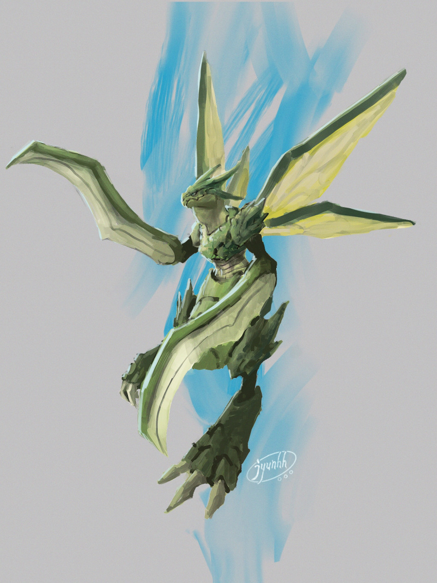 absurdres commentary_request creature gen_1_pokemon grey_background highres jyunhh no_humans pokemon pokemon_(creature) realistic scyther signature