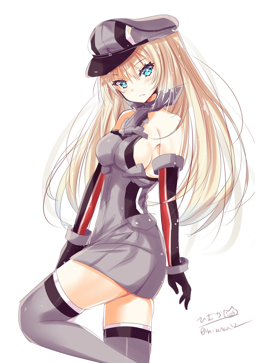 1girl bare_shoulders bismarck_(kantai_collection) blonde_hair blue_eyes blush breastplate breasts closed_mouth detached_sleeves elbow_gloves eyebrows_visible_through_hair gloves gradient_hair grey_legwear hair_between_eyes hair_ornament hat highres hizaka kantai_collection large_breasts long_hair looking_at_viewer military military_hat military_uniform multicolored_hair peaked_cap simple_background solo thigh-highs twitter_username uniform white_background
