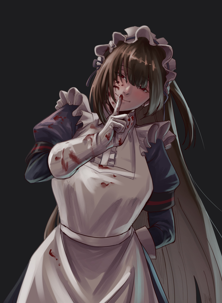 1girl absurdres apron bangs blood blood_on_face blood_splatter bloody_clothes dryseaweed eyebrows_visible_through_hair finger_to_mouth gloves highres last_origin long_hair looking_at_viewer maid maid_apron maid_dress maid_headdress purple_hair red_eyes scissors_lise solo white_apron white_gloves yandere