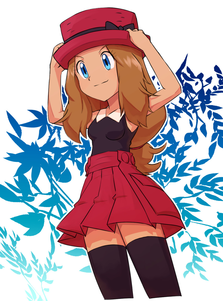 1girl black_legwear blue_eyes breasts brown_hair closed_mouth hat highres long_hair nyonn24 pokemon pokemon_(game) pokemon_xy serena_(pokemon) skirt sleeveless smile solo thigh-highs