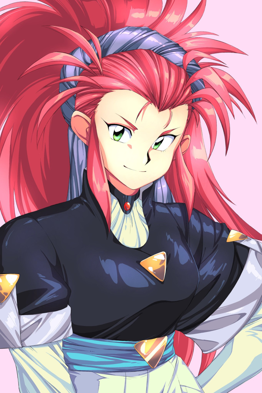 1girl breasts green_eyes hakubi_washuu hand_on_hip harleequeen highres long_hair looking_at_viewer medium_breasts ponytail purple_background redhead smile solo spiky_hair tenchi_muyou! upper_body