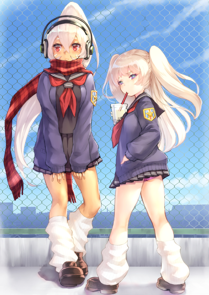 2girls ass azur_lane bache_(azur_lane) bangs black_sailor_collar black_serafuku black_shirt black_skirt blue_cardigan blue_sky blush breasts brown_footwear bubble_tea cardigan chain-link_fence clouds commentary_request cup day disposable_cup drinking_straw eyebrows_behind_hair eyebrows_visible_through_hair fence hair_between_eyes headphones high_ponytail highres holding holding_cup kneehighs light_brown_hair loafers long_hair looking_at_viewer looking_away looking_back looking_to_the_side loose_socks medium_breasts minneapolis_(azur_lane) multiple_girls neckerchief open_cardigan open_clothes outdoors panties pink_panties plaid plaid_scarf pleated_skirt ponytail red_eyes red_neckwear red_scarf rin2008 sailor_collar scarf school_uniform serafuku shirt shoes skirt sky standing two_side_up underwear very_long_hair violet_eyes white_hair white_legwear