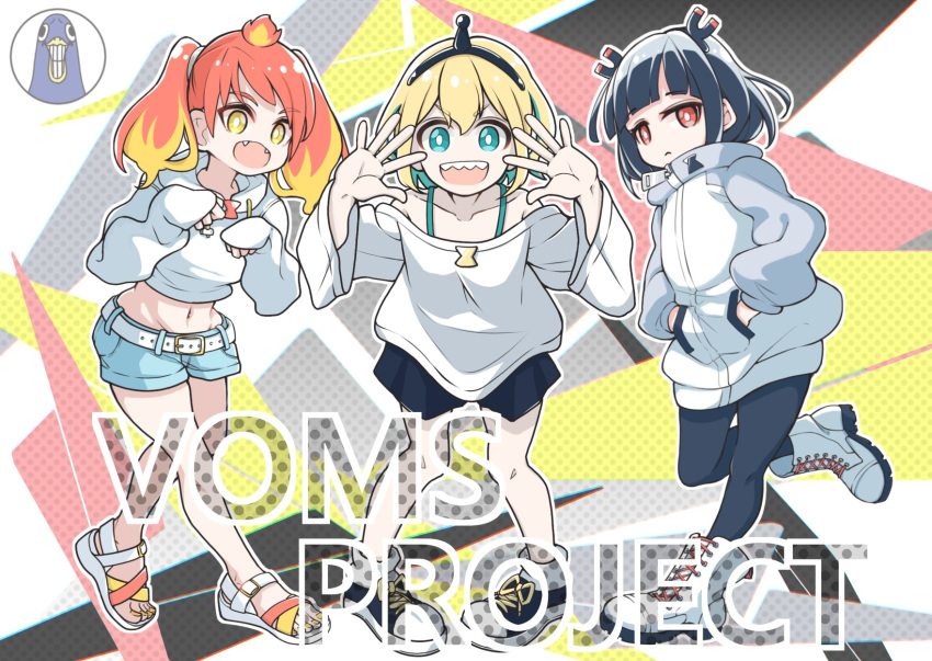 3girls :d amano_pikamee ankle_boots black_hair black_skirt blonde_hair boots bright_pupils closed_mouth copyright_name fangs green_hair grey_footwear hairband halftone hands_in_pockets hands_up highres hikasa_tomoshika hood hood_down hoodie jitome jitomi_monoe long_sleeves looking_at_viewer multicolored_hair multiple_girls navel nyankoro open_mouth pants pleated_skirt redhead sandals short_shorts shorts skirt smile standing sweater toenail_polish twintails two-tone_hair voms white_sweater yellow_eyes