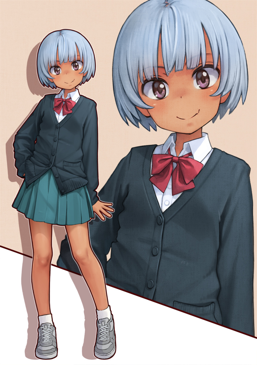 1girl arm_at_side bangs black_jacket blunt_bangs bow bowtie brown_eyes commentary_request dark_skin fang full_body green_skirt grey_hair hand_on_hip head_tilt highres jacket kakinomai looking_at_viewer original red_bow red_neckwear shirt short_hair simple_background skin_fang skirt smile solo white_shirt wing_collar zoom_layer