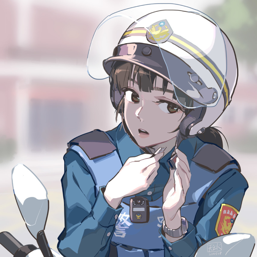 1girl brown_eyes brown_hair day helmet highres looking_to_the_side original outdoors parted_lips police police_uniform policewoman solo taiwan tennohi uniform vest watch watch