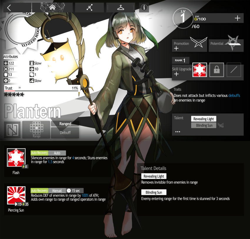 1girl arknights bandolier barefoot bob_cut dress english_text fake_screenshot gameplay_mechanics glowing glowing_weapon green_dress green_eyes green_jacket grey_shirt hair_over_one_eye headset highres holding holding_weapon jacket lantern leaf leaf_on_head monster_girl orange_eyes personification plant_girl plants_vs_zombies pompmaker1 shirt short_hair solo staff weapon