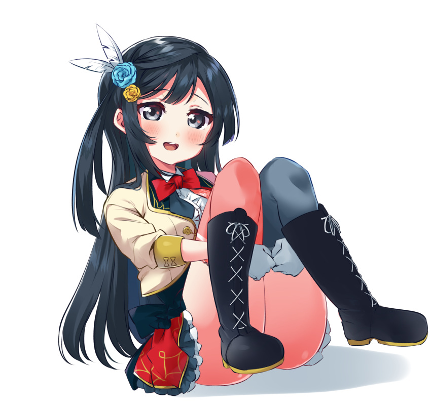 1girl ass bangs beige_jacket black_footwear black_hair black_legwear blue_flower blue_rose blush boots bow commentary_request dress feathers flower frills gloves grey_eyes hair_feathers hair_flower hair_ornament highres knees_up long_hair looking_at_viewer love_live! love_live!_school_idol_project pink_legwear red_bow red_neckwear rose shirt simple_background solo totoki86 upper_teeth white_background white_gloves white_shirt yuuki_setsuna_(love_live!)
