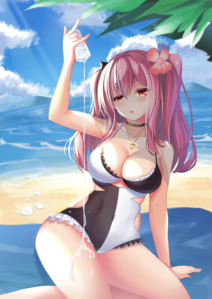 1girl absurdres alternate_costume arm_up azur_lane beach black_choker blush boli_shenshe bottle breasts bremerton_(azur_lane) choker clouds covered_navel day eyebrows_visible_through_hair flower frilled_swimsuit frills grey_hair hair_between_eyes hair_flower hair_ornament heart heart_necklace highres holding holding_bottle large_breasts long_hair looking_at_viewer multicolored_hair ocean open_mouth outdoors palm_tree pink_hair red_eyes shell sitting sky solo streaked_hair swimsuit thighs tree twintails two-tone_swimsuit water