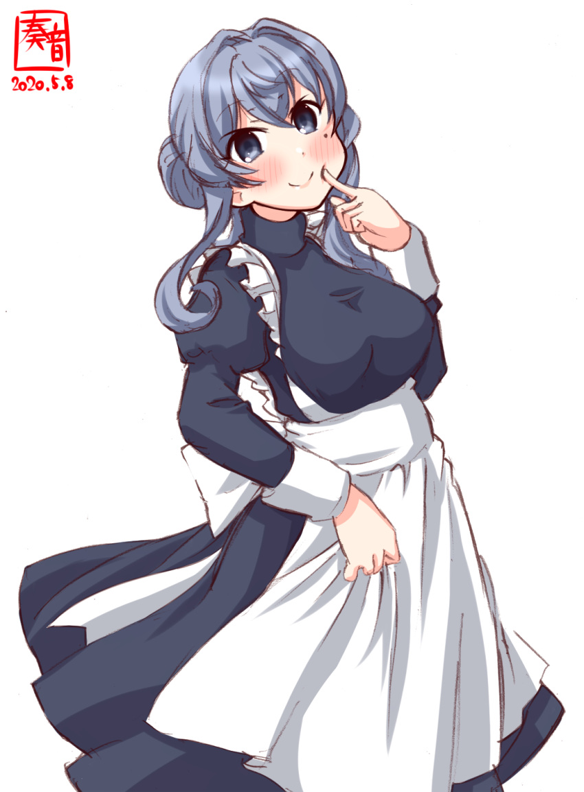 1girl alternate_costume apron artist_logo blue_dress blue_eyes blue_hair commentary_request cowboy_shot dated dress enmaided finger_to_another's_cheek frilled_apron frills gotland_(kantai_collection) hair_bun highres kanon_(kurogane_knights) kantai_collection long_hair looking_at_viewer maid mole mole_under_eye simple_background smile solo white_apron white_background