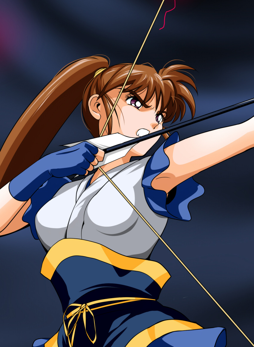 1girl arrow blue_gloves bow_(weapon) brown_eyes brown_hair copyright_request dark_background gloves highres outdoors parted_lips ponytail sidelocks solo standing studio_waltz upper_body weapon