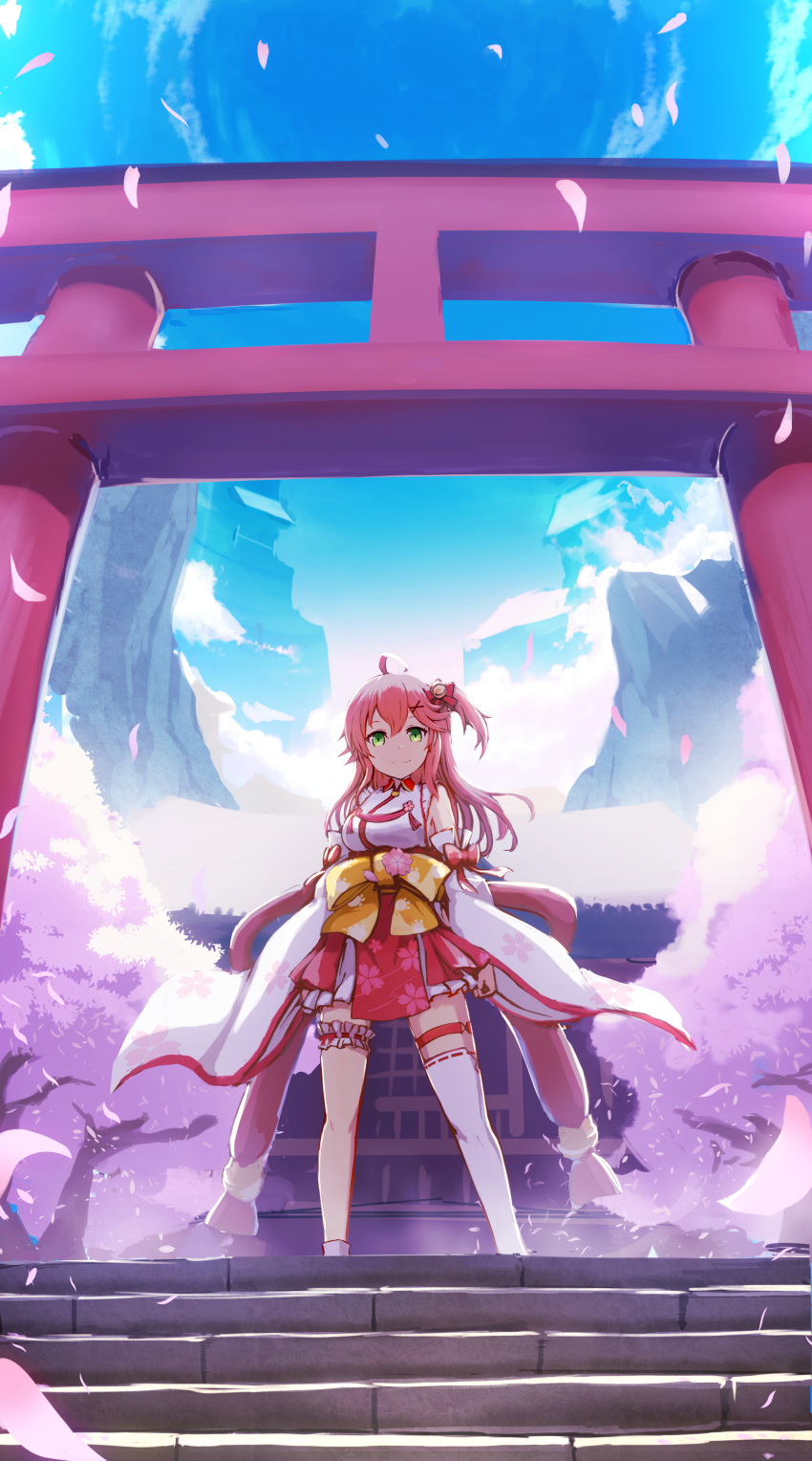 1girl absurdres ahoge bell blue_sky breasts cherry_blossom_print detached_sleeves floral_print green_eyes hair_bell hair_ornament hairclip highres hololive leg_garter long_hair looking_at_viewer namako_(namacotan) one_side_up outdoors pink_hair sakura_miko single_thighhigh sky solo stairs standing thigh-highs torii virtual_youtuber white_legwear wide_sleeves x_hair_ornament
