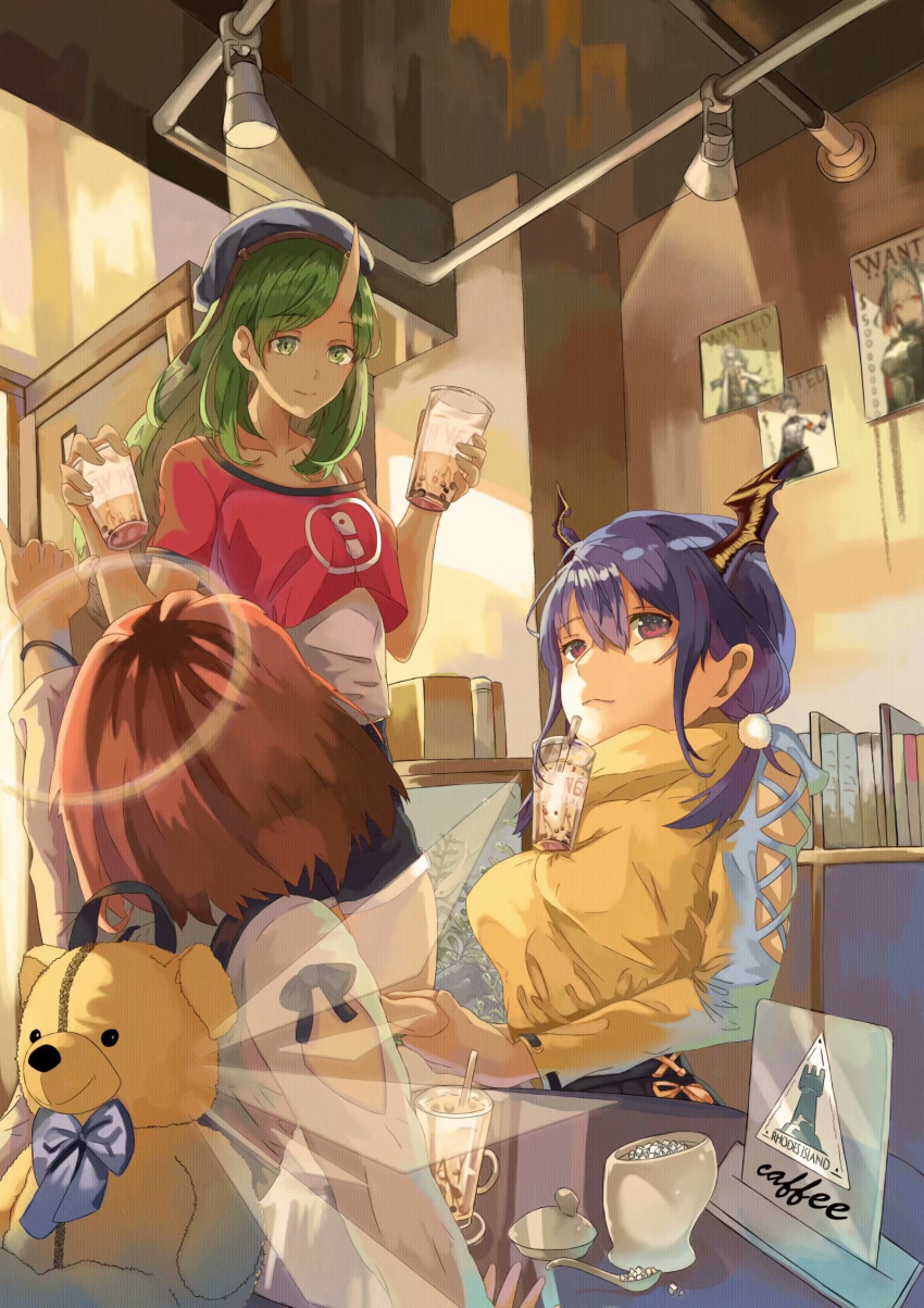 3girls \m/ alternate_costume animal_backpack arknights arm_cutout auguste back backpack bag beret black_skirt blue_hair blue_headwear blue_shorts bookshelf breasts bubble_tea bubble_tea_challenge cameo casual ch'en_(arknights) chinese_commentary closed_mouth crop_top cursive denim denim_shorts detached_wings dragon_horns drink drinking_straw exusiai_(arknights) eyebrows_visible_through_hair from_behind frostnova_(arknights) green_eyes green_hair hair_between_eyes halo hat highres horns hoshiguma_(arknights) indoors light long_hair medium_breasts medium_hair mephisto_(arknights) multiple_girls object_on_breast oni_horn orange_hair plant pom_pom_(clothes) poster_(object) red_eyes red_shirt rhodes_island_logo shirt short_hair short_shorts shorts sitting skirt smile spoon stuffed_animal stuffed_toy sugar_cube sweater table tank_top teddy_bear turtleneck twintails w_(arknights) wanted white_shirt white_tank_top wings wristband yellow_sweater