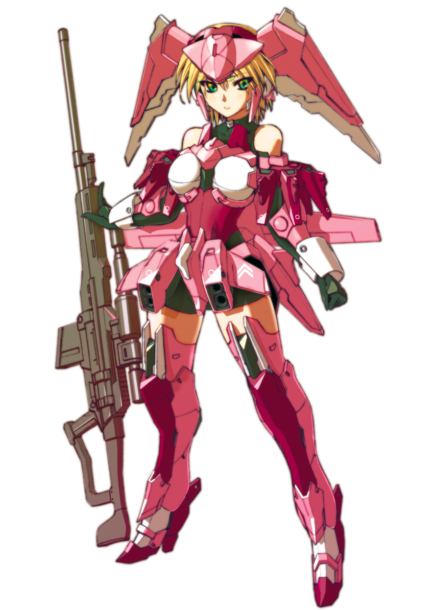 1girl black_gloves blonde_hair clenched_hand frame_arms frame_arms_girl gloves green_eyes gun highres lapierre mecha mechanical_wings metal_boots personification rifle robo_misucha short_hair sniper_rifle weapon wings