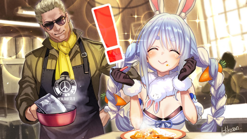 ! 1boy 1girl animal_ears apron ascot blonde_hair blue_hair blush braid breasts bunny_girl carrot_hair_ornament curry eating food food_themed_hair_ornament hair_ornament hikosan20216917 hololive hololive_fantasy indoors kazuhira_miller long_hair medium_breasts metal_gear_(series) metal_gear_solid metal_gear_solid_peace_walker military military_uniform rabbit_ears shiny shiny_hair shiny_skin smile standing sunglasses twin_braids uniform usada_pekora virtual_youtuber