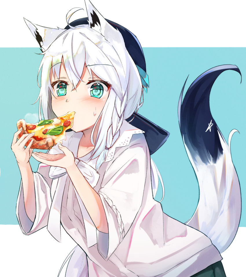 1girl ahoge animal_ear_fluff animal_ears blue_background blush braid collarbone commentary_request eating eyebrows_visible_through_hair food fox_ears fox_girl fox_tail green_eyes hair_between_eyes highres holding_pizza hololive long_hair looking_at_viewer pizza shirakami_fubuki shirt shuuzo3 simple_background solo tail virtual_youtuber white_background white_hair white_shirt wide_sleeves