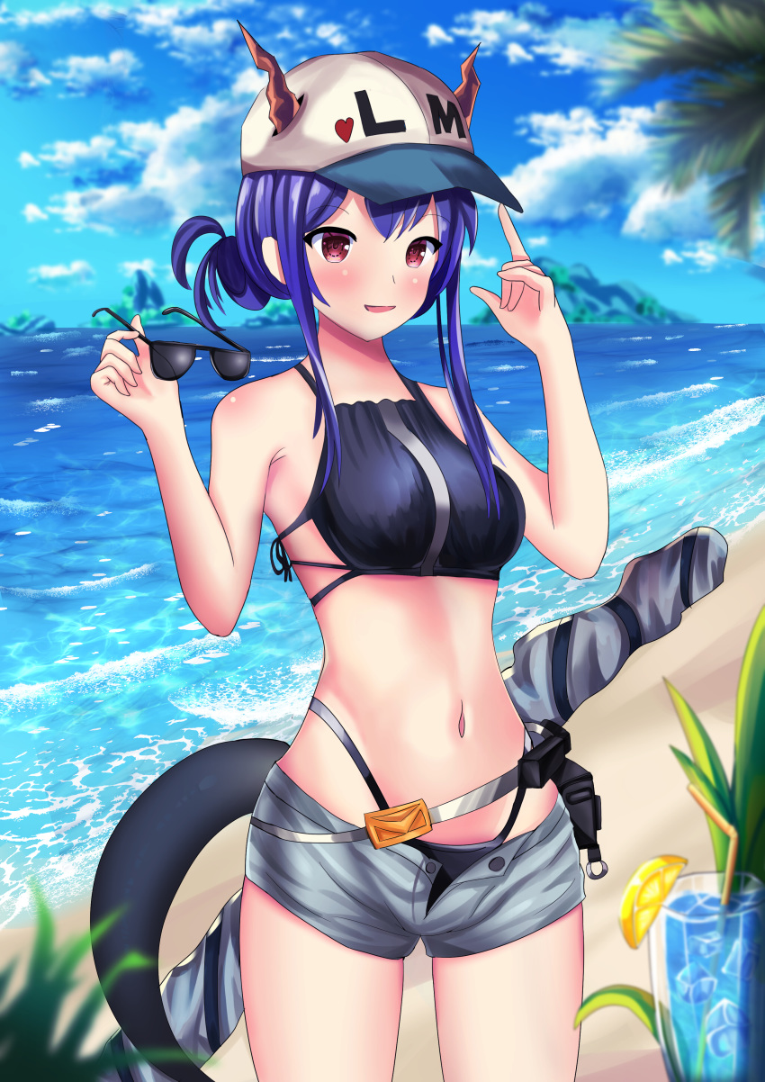 1girl :d absurdres alternate_hairstyle arknights bangs bare_arms bare_shoulders baseball_cap beach belt bestrix bikini black_bikini blue_hair blue_sky blush breasts ch'en_(arknights) clouds commentary cowboy_shot cup day dragon_horns dragon_tail drinking_glass drinking_straw food fruit grey_shorts hands_up hat heart highleg highleg_bikini highres holding holding_eyewear horns horns_through_headwear lemon lemon_slice long_hair looking_at_viewer medium_breasts navel ocean open_fly open_mouth outdoors pink_eyes short_shorts shorts sidelocks sky smile solo standing stomach sunglasses swimsuit tail thighs water