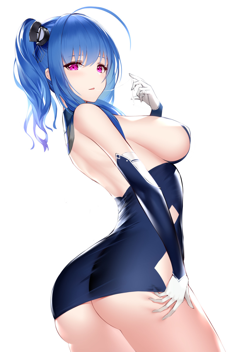 1girl absurdres ahoge an_yasuri arched_back ass azur_lane back bare_shoulders blue_dress blue_hair breasts cowboy_shot dress elbow_gloves from_side gloves hair_ornament hand_up highres large_breasts long_hair looking_at_viewer looking_to_the_side parted_lips pink_eyes ponytail saliva saliva_trail sidelocks simple_background sleeveless sleeveless_dress solo st._louis_(azur_lane) thighs white_background