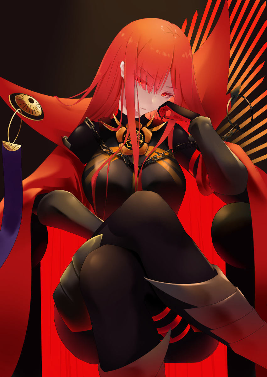 1girl absurdres armored_boots bangs black_background black_bodysuit bodysuit boots bracer breasts cape chain collared_cape crossed_legs family_crest fate/grand_order fate_(series) gloves hair_over_one_eye highres koha-ace large_breasts long_hair looking_at_viewer niie oda_nobunaga_(fate)_(all) oda_nobunaga_(maou_avenger)_(fate) oda_uri parted_lips popped_collar red_cape red_eyes redhead simple_background sitting solo thighs