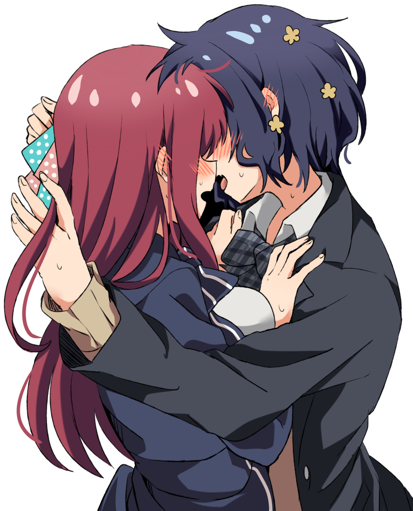 2girls absurdres aqua_ribbon black_bow black_neckwear blazer blue_hair blush bow bowtie ear_blush hair_ribbon highres hug imminent_kiss jacket long_hair long_sleeves miiii minamoto_sakura mizuno_ai multiple_girls open_mouth pink_ribbon plaid plaid_bow plaid_neckwear polka_dot_ribbon redhead ribbon school_uniform short_hair simple_background white_background yuri zombie_land_saga