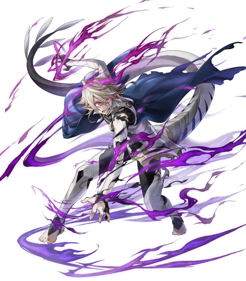 1boy alternate_costume argon_(exys) aura barefoot cape corrin_(fire_emblem) corrin_(fire_emblem)_(male) dragon_tail fire_emblem fire_emblem_fates fire_emblem_heroes full_body gloves glowing glowing_eyes highres injury official_art pointy_ears red_eyes tail teeth torn_clothes transparent_background white_hair