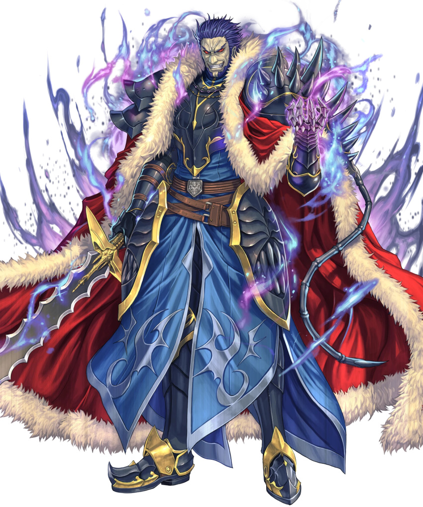 1boy alternate_costume armor armored_boots ashnard_(fire_emblem) aura beard belt blue_hair boots cape facial_hair fire_emblem fire_emblem:_path_of_radiance fire_emblem_heroes full_body fur_trim gloves glowing glowing_eyes highres izuka_daisuke official_art red_eyes solo sword teeth transparent_background weapon