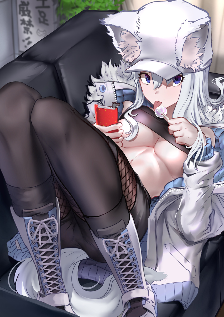 1girl absurdres animal_ears bandeau bare_shoulders black_legwear black_shorts blue_eyes boots breasts cabbie_hat candy couch cross-laced_footwear ears_through_headwear food fur_trim hat highres holding jacket knees_up large_breasts lollipop long_hair looking_at_viewer lying midriff nakasaku-p on_back on_couch open_clothes open_jacket original pantyhose phone short_shorts shorts solo tail tongue tongue_out under_boob white_hair white_headwear white_jacket wolf_ears wolf_girl wolf_tail