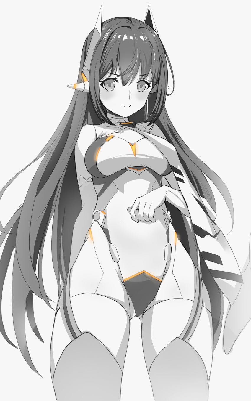1girl android ass_visible_through_thighs bare_shoulders blush breasts from_below greyscale hana_(xenoblade) hana_jd highleg highleg_leotard highres kiiro_kimi leotard long_hair looking_at_viewer medium_breasts monochrome robot_ears smile solo thigh-highs white_background xenoblade_(series) xenoblade_2