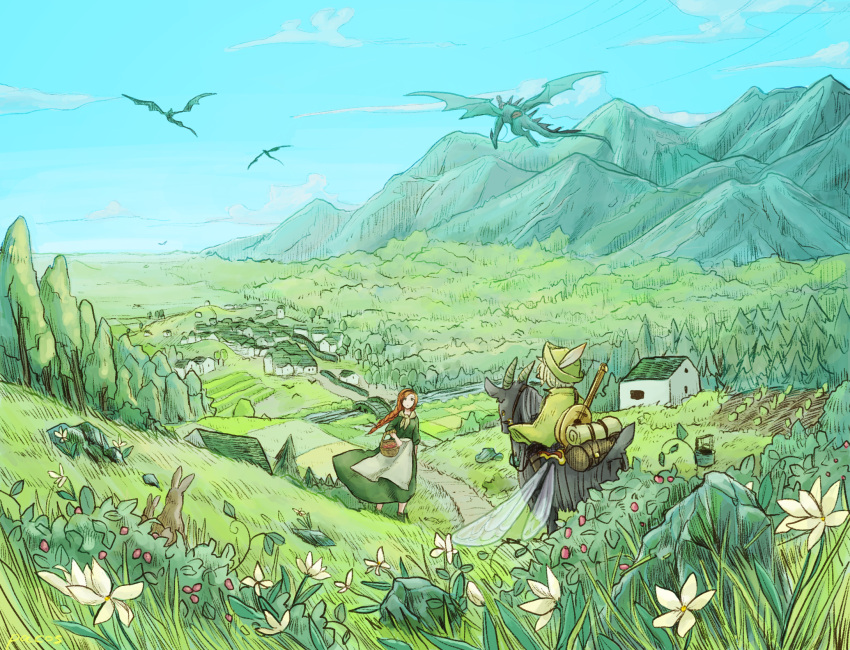 1boy 1girl 90n_pacos annette_(pixiv_fantasia_last_saga) basket bedroll black_hairband blue_sky brown_hair day dragon dress elliot_(pixiv_fantasia_last_saga) field flower green_dress green_headwear hairband hat hat_feather highres horse house insect_wings instrument lute_(instrument) mountain outdoors pixiv_fantasia pixiv_fantasia_last_saga rabbit saddle sky standing well white_hair wings