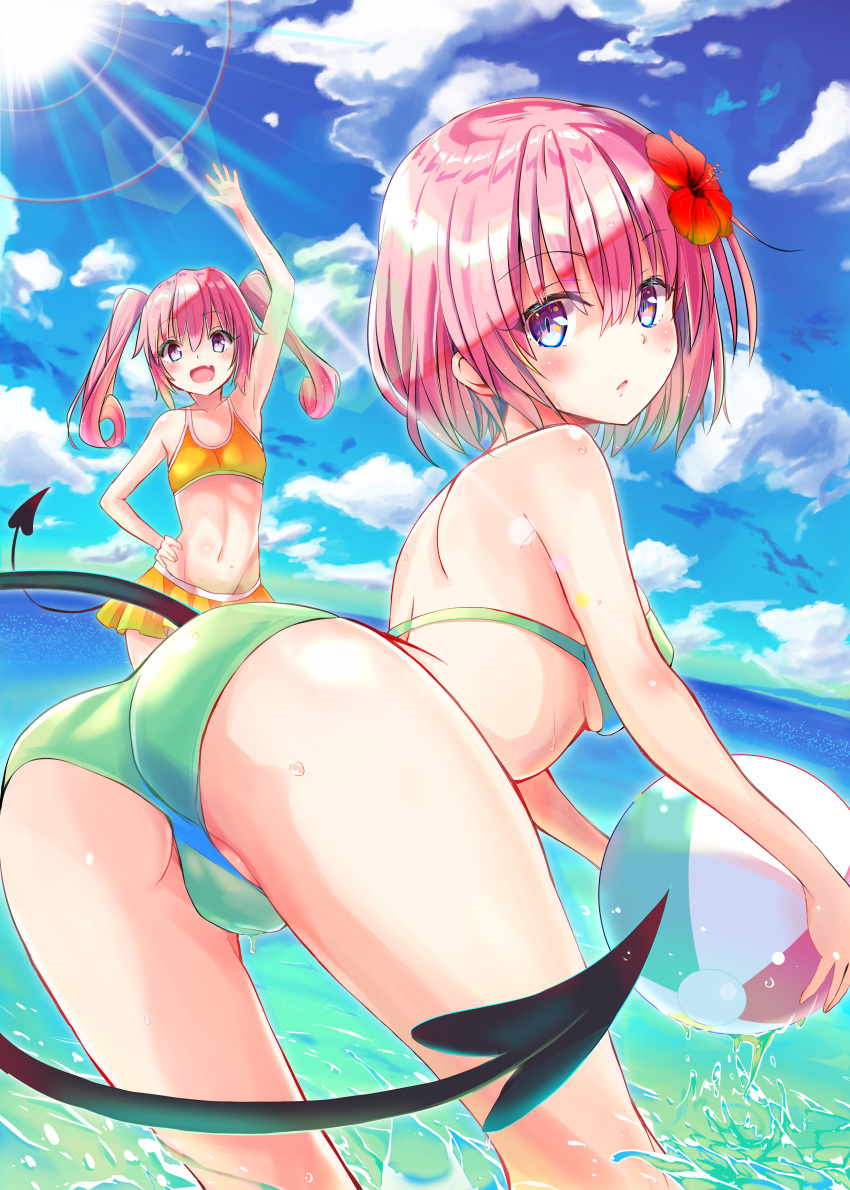 2girls absurdres arm_up ass ball bare_back bare_shoulders beach beachball bent_over bikini bikini_skirt breasts clouds flower from_behind green_bikini hair_flower hair_ornament hand_on_hip highres light_rays long_hair looking_back momo_velia_deviluke multiple_girls nana_asta_deviluke navel ocean open_mouth outdoors pink_eyes short_hair siblings sideboob sisters sky small_breasts smile sun swimsuit tail thighs to_love-ru to_love-ru_darkness toshizou_(0714) twins twintails wading water waving yellow_bikini