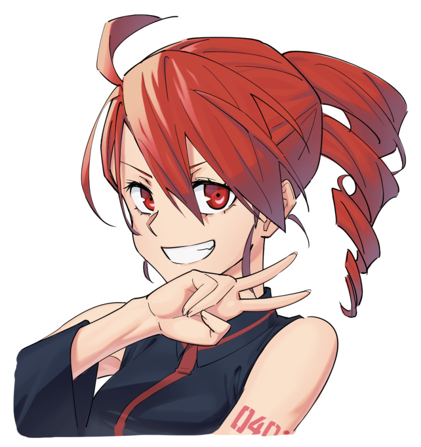 1girl ahoge anco8pizz bare_shoulders black_shirt black_sleeves commentary detached_sleeves drill_hair grin hand_up kasane_teto looking_at_viewer number_tattoo portrait red_eyes redhead shirt shoulder_tattoo sleeveless sleeveless_shirt smile tattoo twin_drills utau v v-shaped_eyebrows white_background