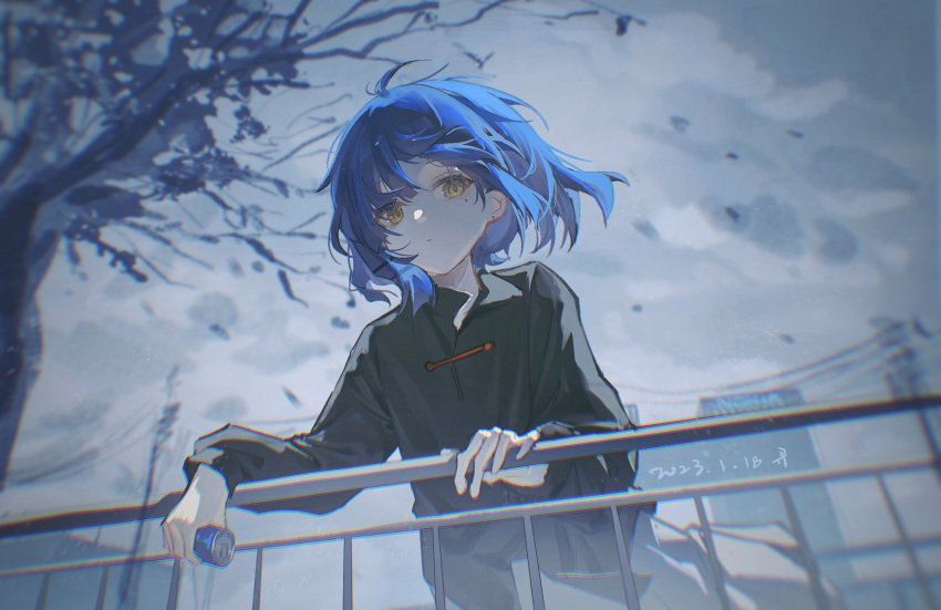 1girl black_shirt blue_hair bocchi_the_rock! can clothes_lift clouds cloudy_sky collared_shirt commentary dated day eyelashes falling_leaves grey_skirt hand_on_railing highres holding holding_can leaf long_sleeves miniskirt outdoors parted_lips power_lines railing road_sign sanyue_xun shirt short_hair sign skirt skirt_lift sky solo tree yamada_ryo yellow_eyes