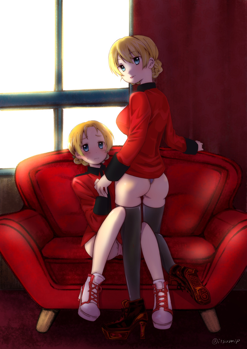 2girls :p absurdres ass backlighting bangs black_footwear black_legwear black_panties blonde_hair blue_eyes blush boots braid closed_mouth commentary couch cross-laced_footwear darjeeling_(girls_und_panzer) epaulettes eyebrows_visible_through_hair from_behind girls_und_panzer high_heel_boots high_heels highres holding_hands indoors itsumip jacket knee_up light_frown long_sleeves looking_at_viewer looking_back military military_uniform multiple_girls no_pants no_socks on_couch orange_hair orange_pekoe_(girls_und_panzer) panties parted_bangs pink_panties red_jacket red_theme short_hair sitting smile st._gloriana's_military_uniform standing sweatdrop thigh-highs thong tied_hair tongue tongue_out twin_braids twitter_username underwear uniform white_footwear window