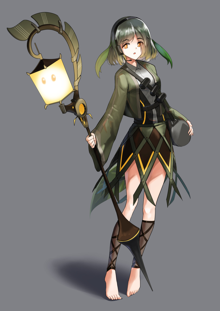 1girl absurdres arknights bandolier barefoot bob_cut dress glowing glowing_weapon green_dress green_eyes green_jacket grey_shirt hair_over_one_eye headset highres holding holding_weapon jacket lantern leaf leaf_on_head monster_girl orange_eyes personification plant_girl plants_vs_zombies pompmaker1 shirt short_hair simple_background solo staff weapon