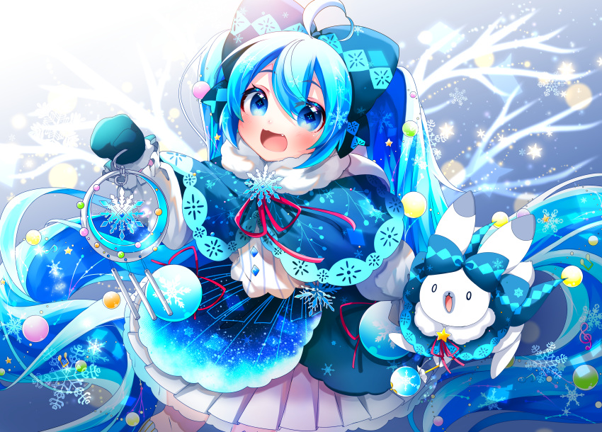 1girl :d absurdres ahoge animal blue_bow blue_capelet blue_eyes blue_hair blue_mittens blush bow capelet commentary_request fang fur-trimmed_mittens fur_trim hair_bow hatsune_miku highres holding huge_filesize kneehighs long_hair long_sleeves looking_at_viewer mittens open_mouth pleated_skirt rabbit rabbit_yukine red_ribbon ribbon shirayuki_towa shirt skirt smile snowflakes star striped striped_legwear striped_shirt twintails vertical-striped_legwear vertical-striped_shirt vertical_stripes very_long_hair vocaloid white_legwear white_shirt white_skirt yuki_miku